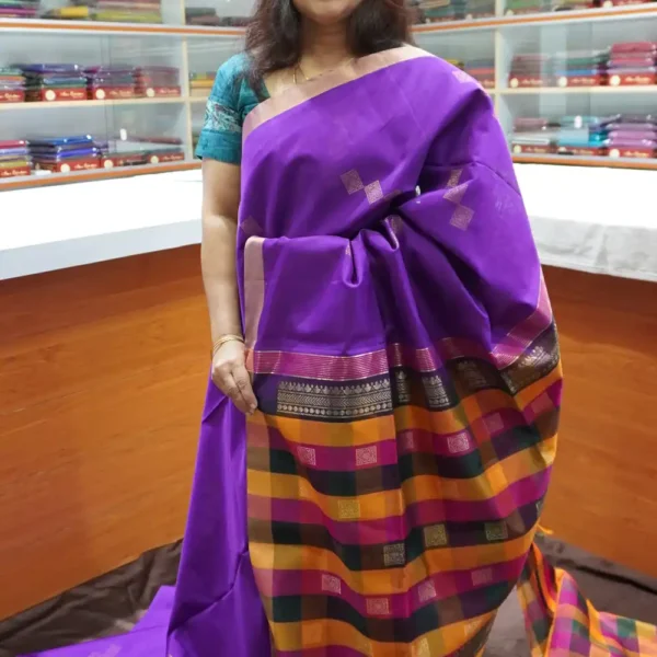 PRSC241 - Dark Violet & Multi Check Pallu Blouse  - Pure Handloom Silk Cotton Saree