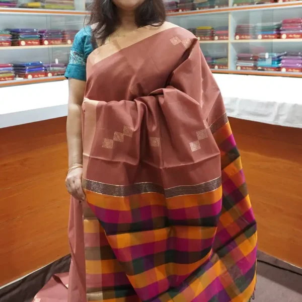 PRSC250 - Light Brown & Multi Check Pallu Blouse - Pure Handloom Silk Cotton Saree