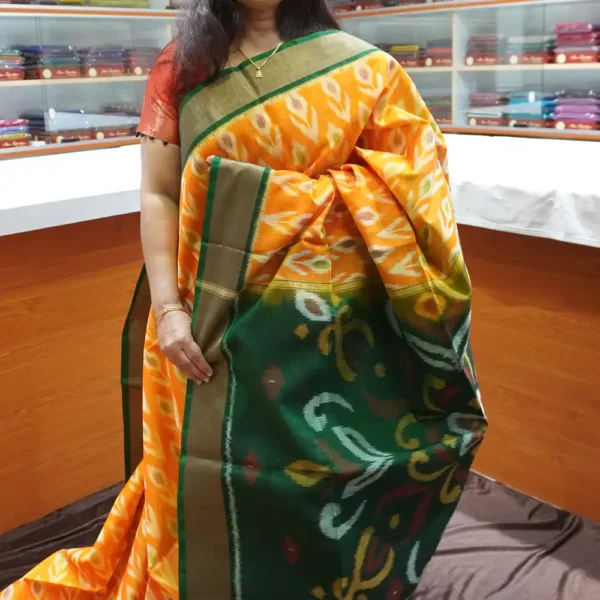 PRSC251 - Orange & Green - Pure Pochampally Silk Cotton Saree