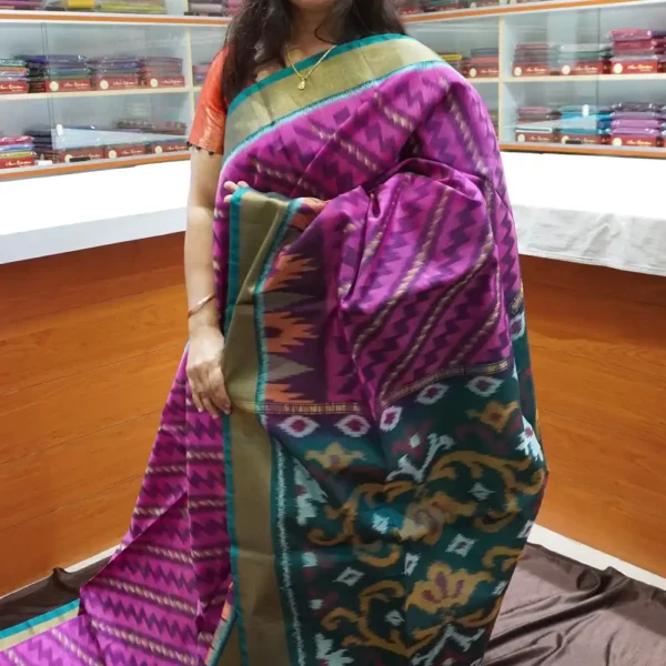 PRSC272 - Pink & Peacock Green - Pure Pochampally Silk Cotton Saree