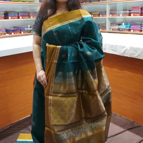PRSC273 - Peacock Blue & Mehandi Green  - Pure Handloom Silk Cotton Saree