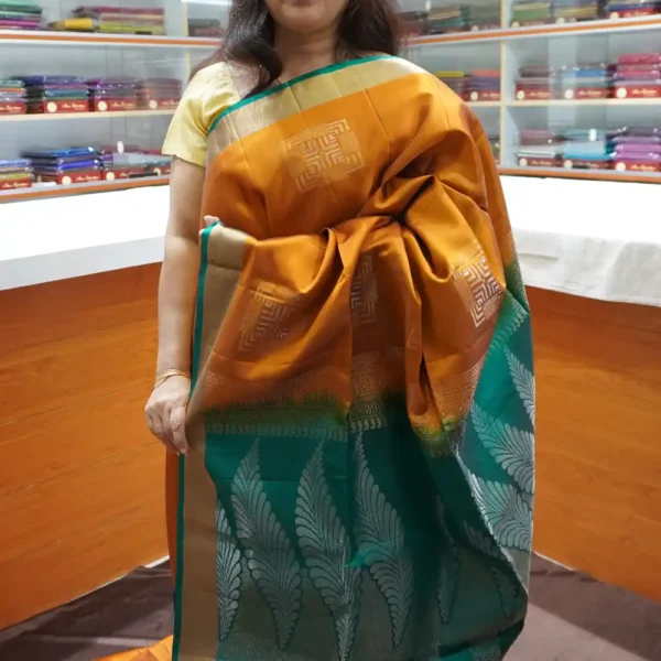 PRSK229 – Rust Orange & Peacock Green – Half Pure Kanchipuram Silk Saree