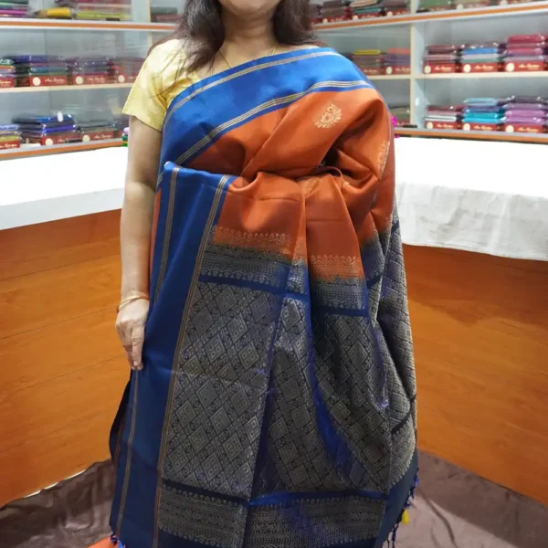 PRSK232 – Rust Orange & Blue – Half Pure Kanchipuram Silk Saree