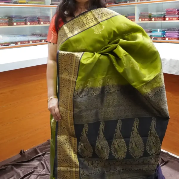 PRSK235 – Rust Orange & Blue – Half Pure Kanchipuram Silk Saree