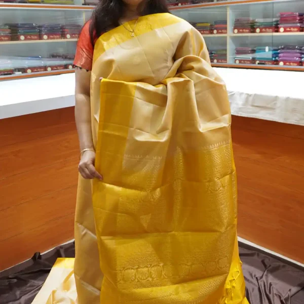 PRSK236 – Sandal & Yellow – Half Pure Kanchipuram Silk Saree