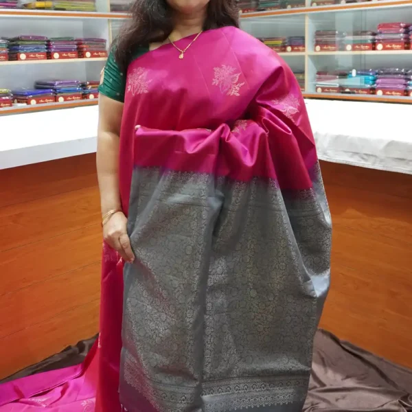PRSK244 – Pink & Grey – Pure Kanchipuram Soft Silk Saree