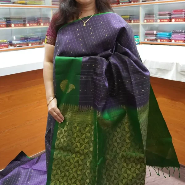 PRSK260 – Purplish Blue & Green – Pure Kanchipuram Soft Silk Saree