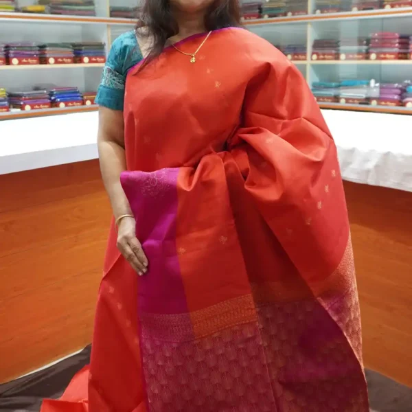 PRSK267 – Redish Orange & Pink – Pure Kanchipuram Soft Silk Saree