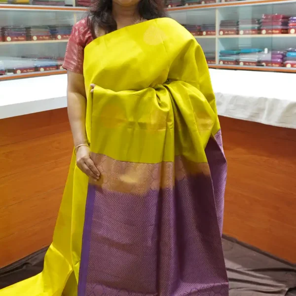 PRSK268 – Lemon Yellow & Lavender – Pure Kanchipuram Soft Silk Saree