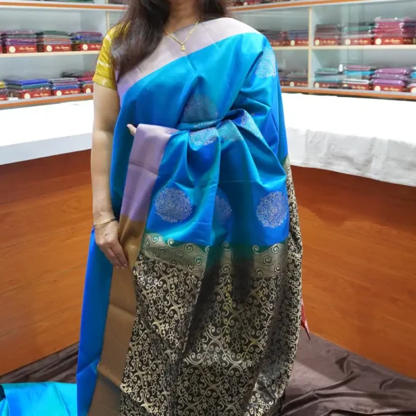 PRSK271 – Peacock Blue & Black – Pure Kanchipuram Soft Silk Saree