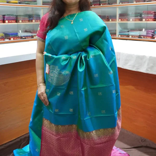 PRSK275 – Blue & Onion Pink – Pure Kanchipuram Soft Silk Saree