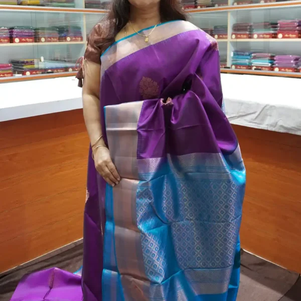PRSK283 - Dark Purple & Peacock Blue - Pure Kanchipuram Soft Silk Saree