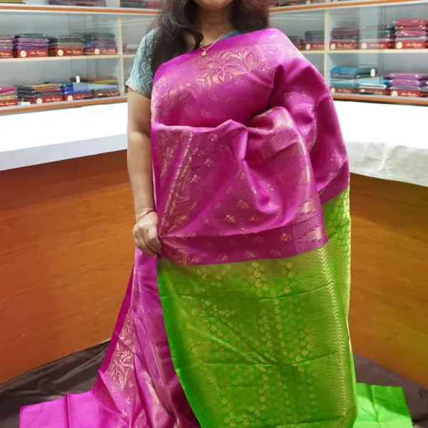 PRSK288 - Pink & Green - Pure Kanchipuram Soft Silk Saree