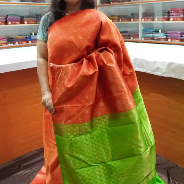 PRSK289 - Orange & Green - Pure Kanchipuram Soft Silk Saree