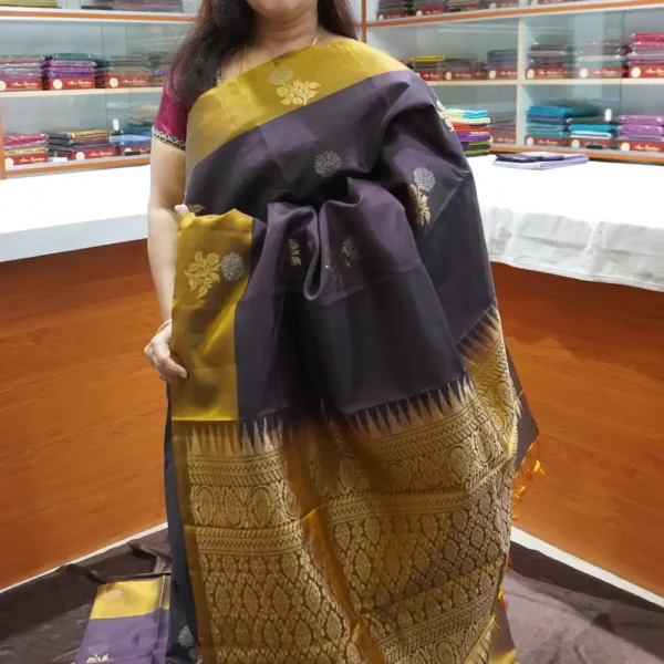 PRSK318 – Coffee Brown & Golden Yellow – Half Pure Kanchipuram Silk Saree