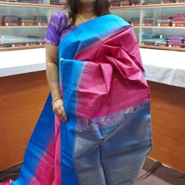 PRSK320 - Pink & Light Blue - Pure Kanchipuram Soft Silk Saree
