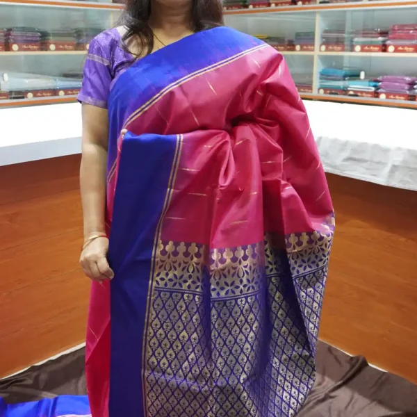 PRSK322 - Pink & Nevy Blue - Pure Kanchipuram Soft Silk Saree