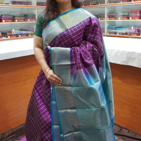 PRSK325_1 - Violet & Peacock Blue - Pure Kanchipuram Soft Silk Saree