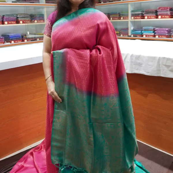 OFF103 – Pink & Blue – Semi Banarasi Silk Saree