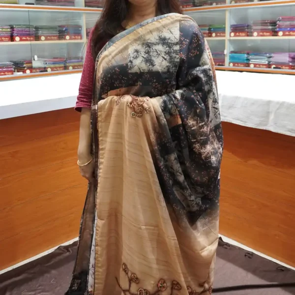 OFF137 – Black & Peach – Semi Tussar Silk Saree