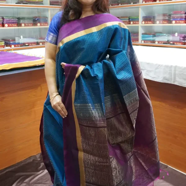 PRSC274 – Peacock Blue & Burgundy – Pure Handloom Silk Cotton Saree