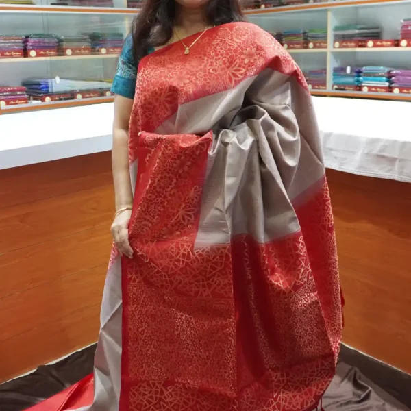 PRSK331 - Half White & Red - Pure Kanchipuram Soft Silk Saree