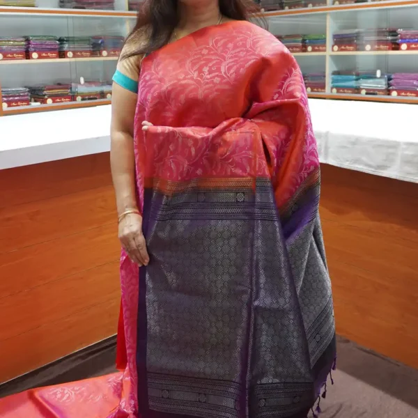 PRSK339 - Orangish Pink & Purple - Pure Kanchipuram Soft Silk Saree