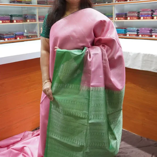 PRSK343 - Pink & Teal Green - Pure Kanchipuram Soft Silk Saree