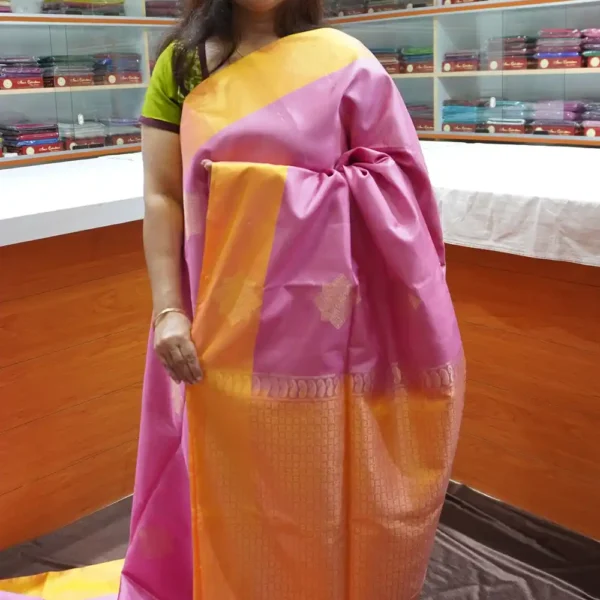 PRSK346 - Pink & Yellow - Pure Kanchipuram Soft Silk Saree