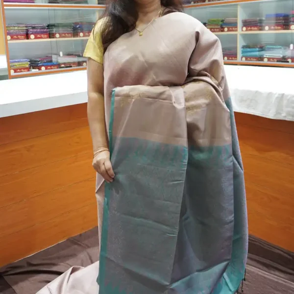 PRSK350 - Chiku & Teal Blue - Pure Kanchipuram Soft Silk Saree