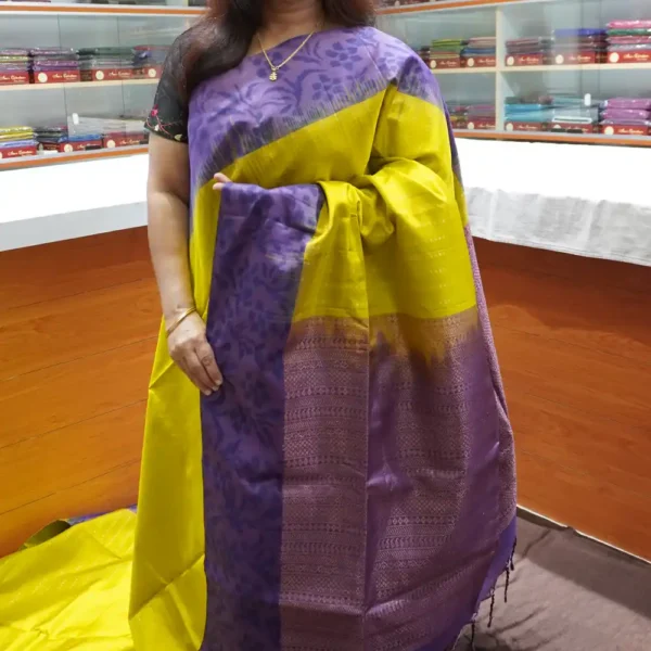 PRSK351 - Lemon Green & Lavender - Pure Kanchipuram Soft Silk Saree