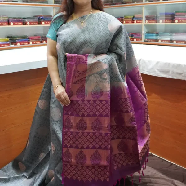 PRSK356 - Grey & Dark Violet - Pure Kanchipuram Soft Silk Saree