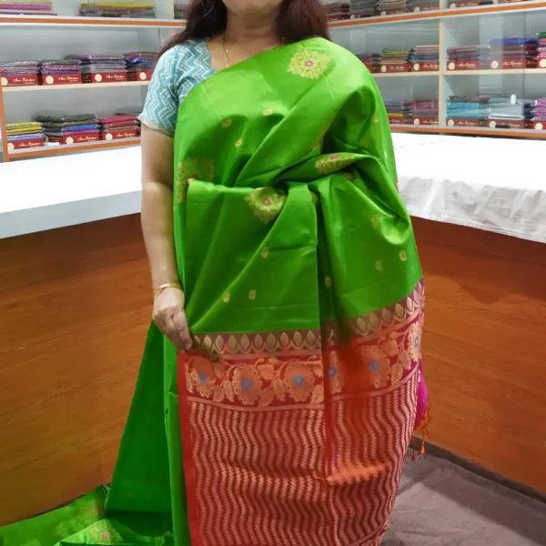 PRSK357 - Green & Orange - Pure Kanchipuram Soft Silk Saree
