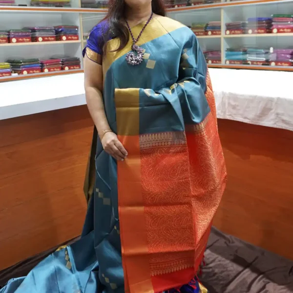 PRSK358 - Grey & Orange - Pure Kanchipuram Soft Silk Saree