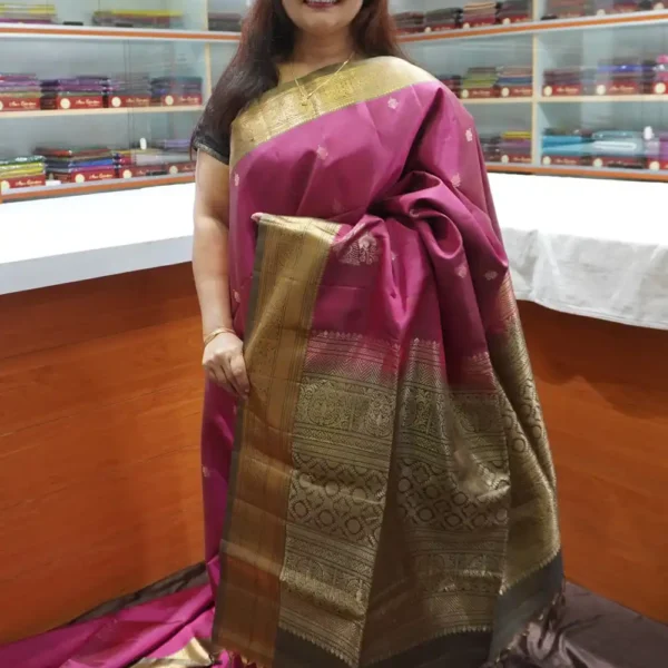 PRSK369 - Magenta Pink & Olive Green - Pure Kanchipuram Soft Silk Saree