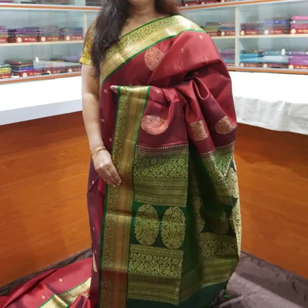 PRSK371 - Maroon Red & Bottle Green - Pure Kanchipuram Soft Silk Saree