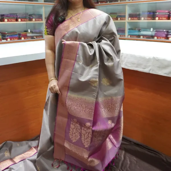 PRSK373 - Light Grey & Pink - Pure Kanchipuram Soft Silk Saree