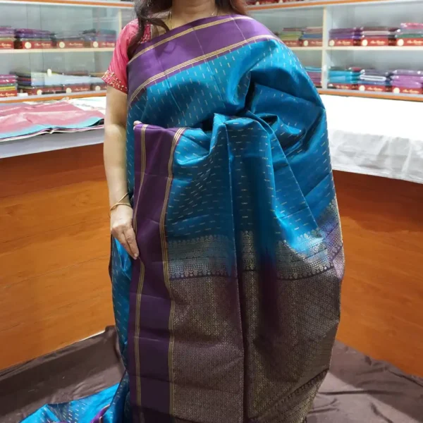 PRSK390 – Peacock Blue & Purple – Half Pure Kanchipuram Silk Saree